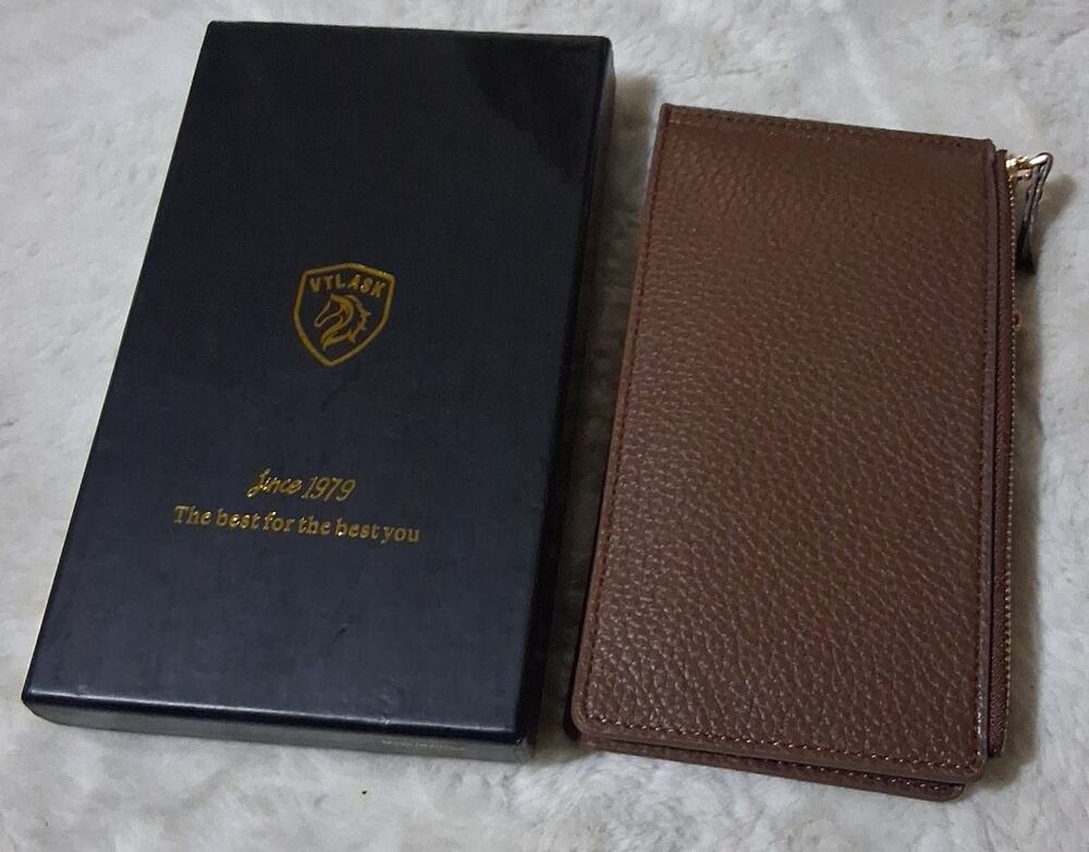 VTLASK Brown Leather Wallet with Zipper and Box